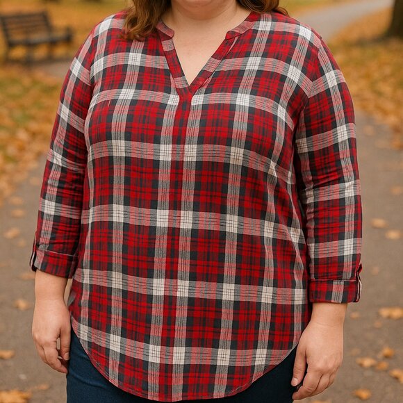 ✨ Time and Tru Plaid Button Sleeve Blouse - Picture 1 of 12